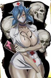 Rule 34 | 1girl, blue hair, breasts, candy, chocolate, choker, cleavage, commentary, english commentary, eyepatch, food, food on body, gloves, happy valentine, hat, heart, highres, holding, huge breasts, large breasts, looking at viewer, makeup, mask, melting, mouth mask, name connection, nurse, nurse cap, octavius (octavius dp), red eyes, skull, skullgirls, solo, surgical mask, thick thighs, thighs, valentine, valentine (skullgirls)