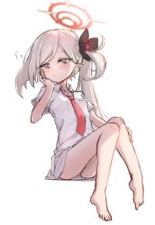 Rule 34 | bare arms, bare legs, barefoot, blue archive, blush, breast pocket, breasts, closed mouth, collared shirt, commentary request, hair ornament, halo, highres, looking at viewer, loose necktie, mutsuki (blue archive), necktie, orange eyes, pocket, pointy ears, red necktie, shirt, shokupan (slvk12), short sleeves, skirt, small breasts, white background, white hair, white shirt, white skirt