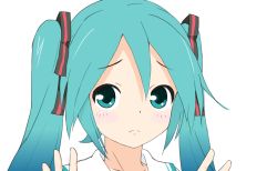 Rule 34 | 1girl, animated, animated gif, aqua eyes, aqua hair, black ribbon, blush, collar, collared shirt, commentary, frown, furrowed brow, hair ribbon, hands up, hatsune miku, lat model (mikumikudance), long hair, outstretched hand, portrait, ribbon, shirt, solo, soukun s, striped ribbon, twintails, very long hair, vocaloid, white collar, white shirt
