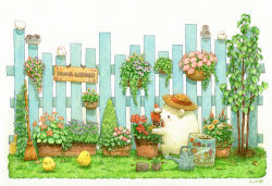 Rule 34 | artist name, bag, bear, bird, broom, chick, colored pencil, fence, finch, flower pot, garden, grass, hat, java sparrow, no humans, original, painting (medium), pencil, plant, potted plant, signature, simple background, st.kuma, straw hat, traditional media, trowel, watercolor (medium), watering can, white background, white java sparrow, wooden fence