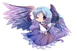 Rule 34 | 1girl, angel wings, mad-tuna, muutzi, one eye closed, red eyes, sariel (touhou), silver hair, solo, staff, touhou, touhou (pc-98), wings