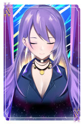 Rule 34 | 1girl, absurdres, black choker, blue jacket, blush, breasts, card, choker, cleavage, cosplay, earrings, evelynn (league of legends), evelynn (league of legends) (cosplay), closed eyes, hair behind ear, highres, hololive, hololive indonesia, jacket, jewelry, k/da (league of legends), large breasts, league of legends, moona hoshinova, necklace, playing card, portrait, purple hair, rizu pann, solo, the baddest evelynn, virtual youtuber