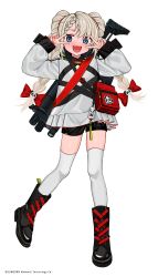 Rule 34 | 1girl, :d, assault rifle, bag, black footwear, black shorts, blue eyes, blush, boots, bow, braid, braided bangs, cf05 (girls&#039; frontline), cf05 (king of hotpotland) (girls&#039; frontline), double v, full body, girls&#039; frontline, grey shirt, gun, gun on back, hair bow, hands up, highres, long hair, long sleeves, looking at viewer, luicent, official art, open mouth, red bow, rifle, shirt, short shorts, shorts, simple background, smile, solo, thighhighs, twin braids, v, v over eye, watermark, weapon, weapon on back, white background, white thighhighs