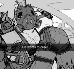 Rule 34 | 2boys, ass, bara, english text, fake phone screenshot, fake screenshot, gas mask, he wants to order (meme), highres, junkrat (overwatch), large pectorals, looking at viewer, lying on person, male focus, mask, meme, multiple boys, muscular, muscular male, overwatch, pectorals, quietgom, roadhog (overwatch), snapchat, sparse chest hair, steering wheel, upper body, vehicle interior, yaoi