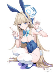 Rule 34 | 1girl, absurdres, animal ears, blonde hair, blue archive, blue eyes, blue leotard, bow, bowtie, breasts, chen zi, detached collar, fake animal ears, female focus, full body, halo, high heels, highres, leotard, long hair, looking at viewer, medium breasts, official alternate costume, playboy bunny, rabbit ears, skindentation, solo, squatting, strapless, strapless leotard, thighhighs, toki (blue archive), toki (bunny) (blue archive), very long hair, white thighhighs, wrist cuffs