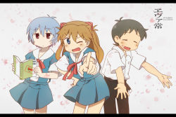 Rule 34 | 1boy, 2girls, ayanami rei, black hair, blue eyes, blue hair, blue skirt, book, bow, bowtie, brown hair, chibi, closed eyes, expressionless, hand on own hip, hyadain no kakakata kataomoi - c, ikari shinji, jitome, long hair, looking at viewer, midorino, midorino328, miniskirt, multiple girls, neon genesis evangelion, nichijou, one eye closed, open mouth, outstretched arms, parody, pleated skirt, pointing, pointing at viewer, red bow, red bowtie, red eyes, school uniform, shirt, short sleeves, skirt, souryuu asuka langley, style parody, tokisadame school uniform, white shirt