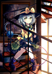 Rule 34 | 1girl, bad id, bad pixiv id, black hat, blouse, blurry, blurry background, boots, bow, collar, commentary request, depth of field, dise (psychoro), eyeball, frilled collar, frilled skirt, frilled sleeves, frills, full body, green eyes, green hair, green skirt, hat, hat bow, heart, heart of string, highres, koishi day, komeiji koishi, long sleeves, painting (object), ribbon, shirt, short hair, sitting, sitting on stairs, skirt, solo, spiral staircase, stairs, third eye, touhou, wide sleeves, window, yellow bow, yellow ribbon, yellow shirt