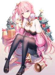 Rule 34 | 3girls, arm support, bare arms, bare shoulders, barefoot, bell, black footwear, black legwear, blonde hair, blush, bow, box, braid, breasts, brown bow, chibi, christmas, christmas lights, christmas tree, closed mouth, collarbone, commentary request, dress, emily stock, futaba (zhuoyandesailaer), gift, gift box, hair bow, highres, holding, knees up, long hair, long sleeves, looking at viewer, medium breasts, merry christmas, mini person, minigirl, multiple girls, nail polish, one side up, original, pantyhose, pink hair, pink nails, pink skirt, puffy long sleeves, puffy sleeves, red bow, red dress, red eyes, ririko (zhuoyandesailaer), see-through, shirt, shoes, signature, silver hair, sitting, skirt, smile, sparkle, star (symbol), strapless, strapless dress, striped, striped bow, very long hair, white shirt, | |, || ||
