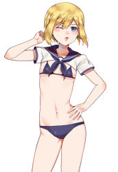 Rule 34 | 1girl, bikini, blonde hair, blue bikini, blue eyes, blush, breasts, dress, erica hartmann, groin, hand on own hip, highres, looking at viewer, navel, one eye closed, open mouth, sailor dress, sayama (chiwan0830), shiny skin, short hair, simple background, small breasts, solo, standing, strike witches, swimsuit, white background, world witches series