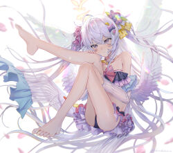 Rule 34 | 1girl, ahoge, angel wings, armpit crease, ass, azusa (blue archive), azusa (swimsuit) (blue archive), backlighting, bare legs, bare shoulders, barefoot, bikini, blue archive, commentary, dot mouth, feathered wings, feet, flower, frilled bikini, frills, full body, grey hair, hair flower, hair ornament, hair ribbon, halo, jewelry, knees up, leg up, legs, long hair, looking at viewer, makkuro, necklace, official alternate costume, pink ribbon, polka dot, polka dot ribbon, ribbon, sitting, solo, swimsuit, thighs, toenails, toes, twitter username, two side up, very long hair, white wings, wings, yellow ribbon