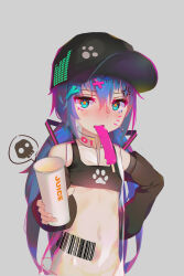 Rule 34 | 1girl, absurdres, baseball cap, black hat, blue hair, blush, detached sleeves, flat chest, grey background, hair between eyes, hair ornament, hat, hatsune miku, highres, holding, kilo (pixiv), long sleeves, looking at viewer, low twintails, simple background, solo, twintails, vocaloid