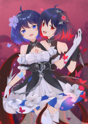 Rule 34 | 2girls, :d, absurdres, ahoge, asymmetrical gloves, bare shoulders, black dress, black flower, black gloves, blue eyes, blue hair, blush, breasts, bug, butterfly, center frills, chain, commentary request, dark persona, detached sleeves, dress, elbow gloves, fang, flower, frills, fufumi, gloves, gradient hair, hair flower, hair ornament, highres, honkai (series), honkai impact 3rd, insect, keyhole, multicolored hair, multiple girls, open mouth, puffy short sleeves, puffy sleeves, purple hair, red eyes, red hair, saliva, seele (alter ego), seele vollerei, seele vollerei (stygian nymph), short sleeves, single elbow glove, small breasts, smile, tears, thighhighs, transparent, two-tone hair, uneven gloves, white dress, white flower, white gloves, white legwear, white sleeves