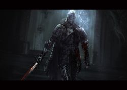 Rule 34 | 1boy, armor, black armor, blood, bloodborne, bloody crow of cainhurst, bloody weapon, breastplate, cape, chain, chandelier, chikage (bloodborne), chromatic aberration, cropped, curtains, film grain, gauntlets, greaves, grey hair, helmet, highres, holding, holding sword, holding weapon, indoors, light particles, light rays, male focus, mrpk, silk, solo, spider web, stairs, sword, torn, torn cape, torn clothes, vambraces, walking, weapon, window