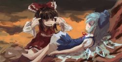 Rule 34 | 2girls, absurdres, barefoot, black hair, blue bow, blue dress, blue hair, bow, brown eyes, cirno, commentary, dress, english commentary, hair bow, hakurei reimu, highres, hurt, ice, ice wings, invincible (series), looking at another, luant, lying, medium hair, melting, meme, multiple girls, on back, open mouth, outdoors, parody, pointing, pointing at self, red bow, red neckwear, red shirt, red skirt, shirt, short hair, short sleeves, signature, skirt, think mark think! (meme), touhou, v-shaped eyes, water, wide sleeves, wings
