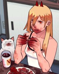 Rule 34 | 1girl, blonde hair, camisole, chainsaw man, chewing, chicken (food), closed eyes, cup, food, hair over one eye, highres, holding, holding food, horns, jbbetz, long hair, looking to the side, meowy (chainsaw man), messy, power (chainsaw man), red eyes, red horns, ringed eyes, sharp teeth, solo focus, sweat, teeth, white camisole