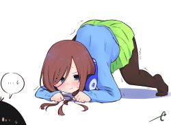 Rule 34 | ..., 1boy, 1girl, :t, blue eyes, blue hoodie, blush, brown hair, brown pantyhose, closed mouth, colored shadow, commentary request, eyebrows hidden by hair, go-toubun no hanayome, green skirt, hair between eyes, hair over one eye, headphones, headphones around neck, hood, hoodie, jack-o&#039; challenge, kujou karasuma, long sleeves, looking at viewer, nakano miku, no shoes, pantyhose, pleated skirt, pout, shadow, signature, skirt, sleeves past wrists, solo focus, spoken ellipsis, sweat, trembling, uesugi fuutarou, white background