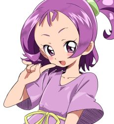 Rule 34 | 1girl, :d, blush, commentary request, finger to mouth, hair tie, hand up, highres, kaoryu-kun, looking at viewer, ojamajo doremi, open mouth, purple eyes, purple hair, purple shirt, ribbon, segawa onpu, shirt, short hair, short sleeves, side ponytail, simple background, smile, solo, upper body, white background, yellow ribbon