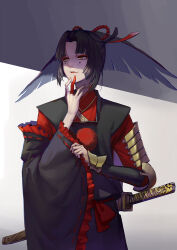 Rule 34 | 1boy, androgynous, armor, black hair, black pants, black vest, charimei, closed mouth, cowboy shot, facial tattoo, finger to own chin, hair rings, highres, kogarasumaru (touken ranbu), looking to the side, male focus, pants, pom pom (clothes), red shirt, ribbon trim, shade, shaded face, sheath, sheathed, shirt, solo, standing, sword, tattoo, touken ranbu, vest, weapon