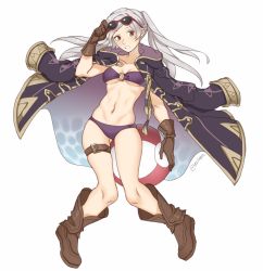 Rule 34 | absurdres, bikini, boots, breasts, eyewear on head, fire emblem, fire emblem awakening, fire emblem heroes, full body, gloves, highres, long hair, looking at viewer, navel, nintendo, robe, robin (female) (fire emblem), robin (fire emblem), simple background, solo, sunglasses, swimsuit, tecchen, twintails, underboob, white background, white hair