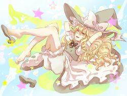 Rule 34 | 1girl, :d, arms up, barefoot, blonde hair, bloomers, bow, braid, feet, female focus, hair bow, hat, hat ribbon, kirisame marisa, legs up, long hair, lying, mild kal, on back, open mouth, ribbon, shoe dangle, shoes, single braid, single shoe, smile, solo, star (symbol), touhou, underwear, witch, witch hat, yellow eyes