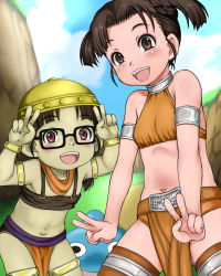 Rule 34 | 2girls, :d, armlet, bad id, bad pixiv id, bare shoulders, blush, bracelet, brown eyes, brown hair, character request, cloud, collarbone, colored skin, day, double v, dragon quest, dragon quest x, dwarf (dq10), e10, glasses, green skin, hat, jewelry, loincloth, looking at viewer, multiple girls, navel, open mouth, outdoors, red eyes, scarf, sky, slime (dragon quest), smile, square enix, thighhighs, v