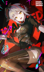 Rule 34 | 1girl, ambience synesthesia, arknights, black pantyhose, copyright name, demon girl, demon horns, grey hair, highres, horns, long sleeves, looking at viewer, official alternate costume, open mouth, pamipamu, pantyhose, short hair, smile, solo, torn clothes, torn pantyhose, w (arknights), w (wanted) (arknights)