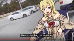 Rule 34 | 10s, 1girl, blonde hair, blue eyes, blurry, breasts, car, cleavage, commentary, depth of field, derivative work, dress, dutch angle, empty eyes, fake screenshot, idubbbz, jacy, jewelry, kantai collection, medium breasts, meme, motor vehicle, necklace, off-shoulder dress, off shoulder, open mouth, photo background, round teeth, sitting, smile, solo, subtitled, teeth, tree, warspite (kancolle), wheelchair