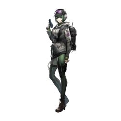 Rule 34 | 1girl, arknights, backpack, bag, baseball cap, boots, crossover, ela (rainbow six siege), fingerless gloves, gloves, goggles, goggles on headwear, green hair, gun, handgun, hat, headset, holding, holding gun, holding weapon, official art, rainbow six siege, shorts, solo, thighhighs, transparent background, trigger discipline, weapon