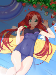 Rule 34 | 1girl, beach towel, breasts, can, coca-cola, covered navel, drink can, food, from above, gin (ginshari), gin (ginshari) , green eyes, innertube, long hair, looking at viewer, lying, on back, one-piece swimsuit, original, popsicle, red hair, school swimsuit, shade, small breasts, soda can, solo, swim ring, swimsuit, towel, twintails, watermelon bar