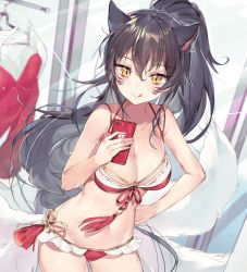 Rule 34 | 1girl, :q, adapted costume, ahri (league of legends), animal ears, bikini, black hair, breasts, cellphone, cleavage, contrapposto, cowboy shot, dutch angle, facial mark, fitting room, front-tie bikini top, front-tie top, hair between eyes, hand on own hip, indoors, joypyonn, large breasts, league of legends, long hair, mirror, multiple tails, navel, panties, phone, ponytail, red bikini, selfie, side-tie bikini bottom, smartphone, solo, standing, swimsuit, tail, tongue, tongue out, underwear, very long hair, whisker markings, yellow panties