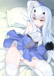 Rule 34 | 1girl, arm behind head, arm up, armpits, black gloves, blue dress, breasts, brown eyes, dress, melusine (fate), melusine (second ascension) (fate), fate/grand order, fate (series), forked eyebrows, frills, gloves, henry bird 9, long hair, long sleeves, looking to the side, on bed, open mouth, pillow, sidelocks, small breasts, solo, thighhighs, thighs, white hair, white thighhighs