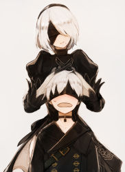 Rule 34 | 1boy, 1girl, black dress, black gloves, black hairband, blindfold, blush, covered eyes, dress, gloves, hairband, juliet sleeves, long sleeves, mole, mole under mouth, nier (series), nier:automata, open mouth, puffy sleeves, short hair, silver hair, simple background, smile, totteri, 2b (nier:automata), 9s (nier:automata)