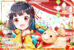 Rule 34 | 1girl, 2018, :d, bad id, bad pixiv id, bird, black hair, dog, flower, hair ribbon, hairband, hands up, happy new year, highres, japanese clothes, kimono, long hair, looking at viewer, new year, open mouth, original, over shoulders, parasol, paw print, paw print pattern, red eyes, ribbon, smile, torii, torokeru none, umbrella, wide sleeves
