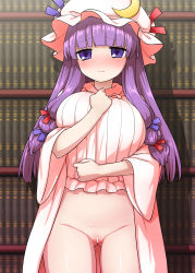 Rule 34 | 1girl, absurdres, bar censor, blush, book, bottomless, breasts, censored, closed mouth, coat, crescent, crescent hair ornament, crescent hat ornament, embarrassed, gluteal fold, hair ornament, hat, hat ornament, highres, itou yuuji, large breasts, library, long hair, long sleeves, looking at viewer, mob cap, navel, patchouli knowledge, pink shirt, purple eyes, purple hair, pussy, shirt, solo, striped, touhou, vertical stripes, very long hair, wide sleeves