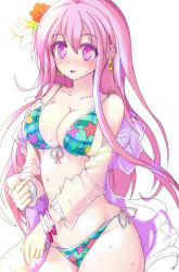 Rule 34 | 1girl, alternate costume, bad id, bad pixiv id, bikini, blush, bracelet, breasts, cleavage, earrings, echizen (hvcv), female focus, flower, front-tie top, hair flower, hair ornament, hata no kokoro, jewelry, large breasts, long hair, looking at viewer, open mouth, parted lips, pink eyes, pink hair, plaid, plaid bikini, see-through, side-tie bikini bottom, simple background, skindentation, solo, star (symbol), star earrings, strap gap, sweat, swimsuit, touhou, very long hair, wet, white background
