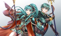 Rule 34 | 1boy, 1girl, armor, blue armor, blue eyes, blue hair, blue skirt, brother and sister, cape, closed mouth, cosplay, eirika (fire emblem), ephraim (fire emblem), ephraim (fire emblem) (cosplay), fire emblem, fire emblem: the sacred stones, fire emblem heroes, gloves, kakiko210, looking at viewer, nintendo, open mouth, polearm, ponytail, red cape, siblings, skirt, smile, spear, thighhighs, twins, weapon