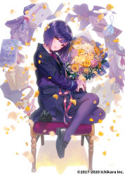 Rule 34 | 1girl, black footwear, blush, bow, bowtie, chair, clothes, collared shirt, commentary request, flower, head tilt, jacket, long sleeves, looking at viewer, nijisanji, open mouth, pantyhose, petals, purple hair, purple pantyhose, ribbon, shirt, shizuka rin, shoes, short hair, sitting, skirt, smile, solo, ukai saki, virtual youtuber, yellow eyes