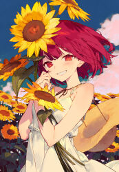 1girl atelier_(series) atelier_sophie bare_arms bare_shoulders blue_sky blush comiket_104 commentary_request dress field flower flower_field grin hat_on_back highres holding holding_flower hugging_object looking_at_viewer noco_(adamas) outdoors red_eyes red_hair short_hair sky sleeveless sleeveless_dress smile solo sophie_neuenmuller sundress sunflower sunflower_field teeth upper_body white_dress