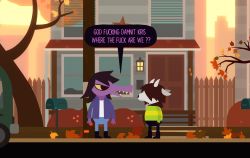 Rule 34 | 1girl, 1other, animal ears, brown hair, colored skin, crossover, deltarune, furry, goat ears, goat horns, goddamn it kris (meme), highres, horns, kris (deltarune), meme, night in the woods, parody, pcktknife, striped clothes, striped sweater, style parody, susie (deltarune), sweater, yellow teeth