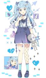 Rule 34 | 1girl, ;d, arrow (symbol), bag, bandages, bandaid, bandaid on leg, blue bow, blue collar, blue eyes, blue hair, blue skirt, blue socks, bottle, bow, broken heart, brooch, cellphone, collar, collared shirt, cup, detached sleeves, disposable cup, english text, fishnet pantyhose, fishnets, full body, hand up, heart, highres, holding, holding phone, jewelry, long hair, multiple views, nail polish, one eye closed, open mouth, original, pantyhose, phone, pill, pixelated, pleated skirt, puffy short sleeves, puffy sleeves, purple nails, shirt, short sleeves, shoulder bag, single leg pantyhose, skeleton, skirt, sleeveless, sleeveless shirt, smile, socks, spoon, standing, striped clothes, striped socks, suspender skirt, suspenders, tsukiyo (skymint), two side up, vertical-striped clothes, vertical-striped socks, very long hair, white background, white shirt, white sleeves