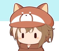 1girl animal_ears blue_background blush_stickers brown_hair brown_hat brown_hoodie cabbie_hat cheval_grand_(umamusume) chibi ears_down gomashio_(goma_feet) hair_between_eyes hat hood hood_down hoodie horse_ears multicolored_hair solo streaked_hair two-tone_background umamusume upper_body white_background white_hair |_|