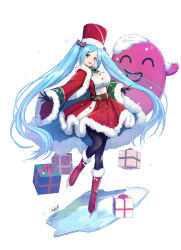 Rule 34 | 1girl, :d, absurdres, belt, black gloves, black pantyhose, blue hair, boots, bow, breasts, christmas present, clothing cutout, copyright request, full body, fur-trimmed headwear, fur hat, fur trim, gift, gloves, hair bow, hat, heart cutout, highres, large breasts, long hair, long sleeves, looking at viewer, open mouth, pantyhose, red eyes, red footwear, red skirt, santa boots, santa costume, skirt, smile, solo, stomach cutout, striped, striped bow, twintails, untue, very long hair, virtual youtuber, wide sleeves
