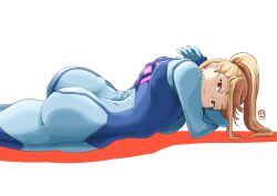 Rule 34 | 1girl, arched back, artist logo, ass, automatic giraffe, blonde hair, blue bodysuit, bodysuit, head on arm, highres, huge ass, looking at viewer, lying, metroid, nintendo, on ground, ponytail, red eyes, samus aran, shadow, simple background, solo, white background, zero suit