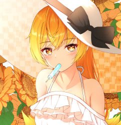 Rule 34 | 1girl, 271, bakemonogatari, bare shoulders, blonde hair, bow, dress, floral background, flower, food, food in mouth, frilled dress, frills, hat, highres, monogatari (series), oshino shinobu, patterned clothing, popsicle, popsicle in mouth, solo, sun hat, sunflower, yellow eyes