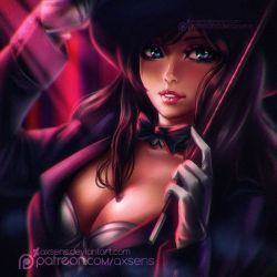 Rule 34 | 1girl, arm up, axsen, black bow, black hair, blue eyes, blurry, bow, bowtie, breasts, cleavage, dc comics, depth of field, female focus, formal, gloves, hat, holding, holding clothes, holding hat, holding wand, jacket, justice league, large breasts, light, lips, lipstick, long sleeves, looking at viewer, magician, makeup, parted lips, pink lips, red lips, solo, suit, upper body, wand, watermark, web address, white gloves, zatanna zatara