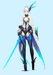 Rule 34 | 10s, 1girl, blade &amp; soul, boots, feathers, highres, long legs, purple eyes, simple background, smile, solo, sword, thigh boots, thighhighs, weapon, white hair, wide hips