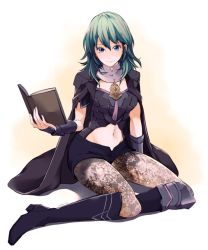 Rule 34 | 1girl, aqua hair, armor, ataka takeru, blue eyes, book, breasts, brown pantyhose, byleth (female) (fire emblem), byleth (fire emblem), cape, fire emblem, fire emblem: three houses, full body, gloves, hair ornament, looking at viewer, medium breasts, navel, nintendo, pantyhose, pantyhose under shorts, shorts, simple background, sitting, smile, solo, thighhighs, white background