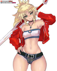 Rule 34 | 1girl, abs, arm up, armpits, bandeau, bare shoulders, belt, blonde hair, breasts, clarent (fate), cleavage, cleavage cutout, clothing cutout, collarbone, commentary, cowboy shot, cutoffs, fate/apocrypha, fate (series), girlsay, gluteal fold, green eyes, grin, hair ornament, hair scrunchie, head tilt, highres, holding, holding sword, holding weapon, jewelry, long hair, looking at viewer, medium breasts, micro shorts, midriff, mordred (fate), mordred (fate/apocrypha), navel, necklace, off shoulder, over shoulder, parted lips, ponytail, red scrunchie, scrunchie, shorts, sidelocks, smile, solo, spaghetti strap, stomach, sword, thighs, toned, weapon, weapon over shoulder, white background
