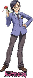 Rule 34 | 1girl, androgynous, black hair, black necktie, black pants, blazer, blue jacket, brown footwear, chie hallard, collarbone, contrapposto, cosplay, crossdressing, crossover, dress shirt, flat chest, flower, gender request, glasses, hand on own hip, hand up, holding, holding flower, jacket, legs apart, long image, long sleeves, looking at viewer, medium hair, my-otome, necktie, nigou, oekaki, ouran high school host club, pants, parody, red flower, red rose, reverse trap, rose, shirt, shoes, simple background, smile, solo, standing, swept bangs, tall image, white background, white shirt