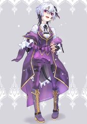 Rule 34 | 1girl, alternate costume, androgynous, belt, black nails, black ribbon, boots, coat, cross-laced footwear, emu (marico w), fingerless gloves, flower (vocaloid), gloves, highres, lace-up boots, multicolored hair, nail polish, pants, purple eyes, purple pants, ribbon, two-tone hair, flower (vocaloid4), vocaloid, white hair